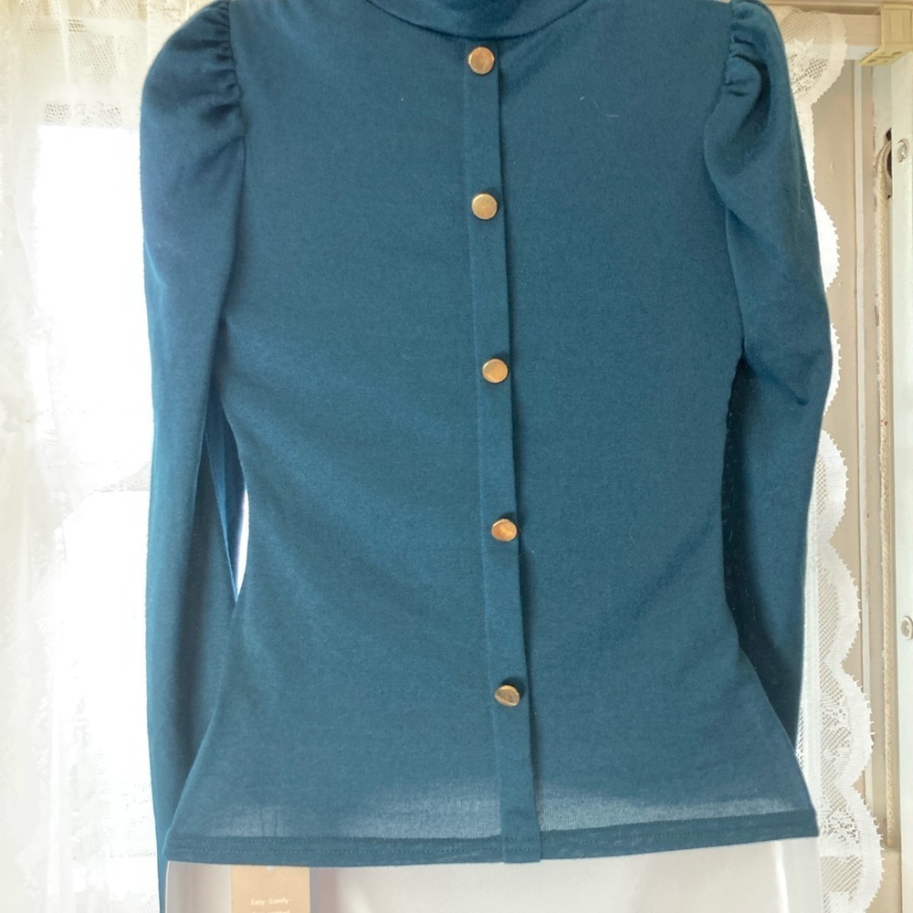 Emery Rose blue long sleeve turtleneck puffy shoulders button down back XS NWTs - Picture 5 of 5